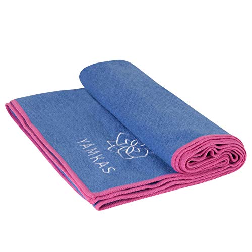 Yamkas Toalla Yoga Antideslizante • Microfibra • 183 x 61 cm • Absorvente del Sudor • Secado rápido • Compacta Towel para Esterilla Deporte • Azul