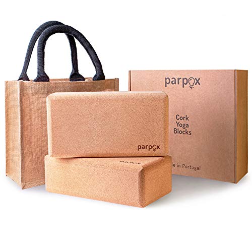Parpox Bloque Yoga de Corcho Premium | Yoga Block en Corcho 100% Natural y Sostenible | Set con Bolsa de Almacenamiento y Transporte Estirar, Pilates y Todo Tipo de Yoga | Paquete de 2