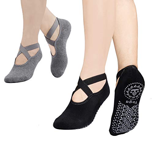 MaoXinTek Calcetines Yoga para Mujer 2 Pair Antideslizantes Algodón Pilates Calcetines con Correas para Danza Ballet Fitness Negro+Gris