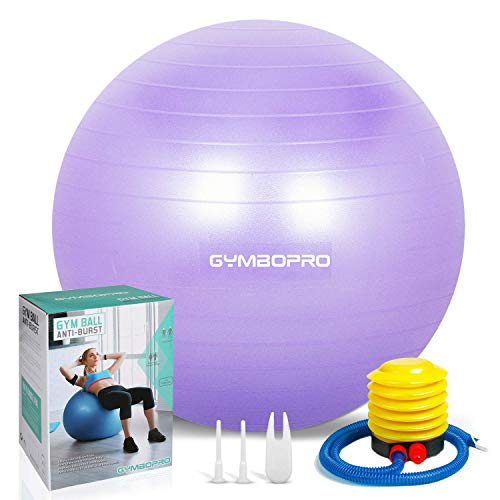 GYMBOPRO Fitness Pelota de Ejercicio - Bola Suiza con Bomba de Inflado ,Bola de yoga antirrebote y antideslizante Bola de equilibrio para gimnasio Pilates Gimnasio de yoga (55 cm, Púrpura)