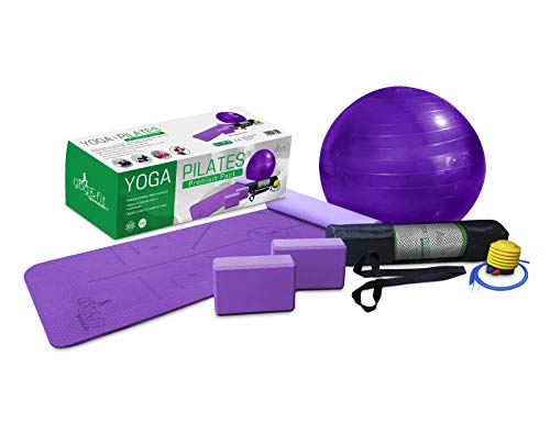 YOG&FIT- Pack Premium Yoga/Pilates. Kit/Set Yoga Principiantes e iniciados (6 Productos) 1 Esterilla Yoga Antideslizante 6mm TPE, 2 Bloques EVA,1 Pelota 65Cm, 1 Bolsa Transporte y 1correa. (Morado)
