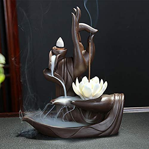 Quemador de incienso, diseño de flor de loto, de estilo zen, de reflujo, de cerámica, perfecto para el hogar, con 10 conos de incienso de reflujo, 1 unidad