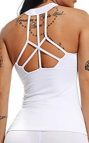 Tops Yoga Mujer Sin Mangas con Relleno Acolchado Deportiva Sujetador Camiseta de Tirantes Blanco L