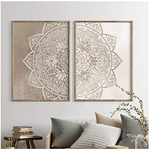 Mandala - Lienzo decorativo para pared, colores neutros, pósteres de yoga e impresiones de Zen para sala de estar, decoración del hogar, 50 x 70 cm x 2 piezas, sin marco