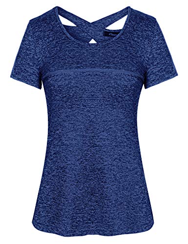iClosam Camiseta para Mujer Yoga Deportiva Colores Lisos Fitness Transpirable Sueltos Gimnasio Ropa Algodon De Mujers (Azul Real 1, M)