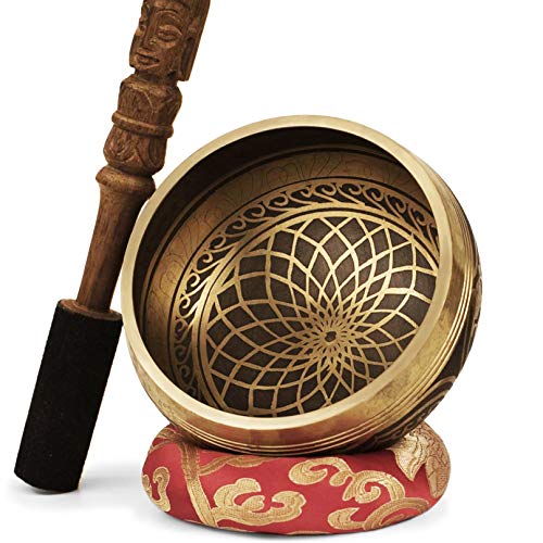 TARORO Cuenco Tibetano; Ø13cm; hecho a mano en Nepal ~ Diseño antiguo original ~ Vendido con un cojín de seda roja y un mazo con Dorje tallado a mano ~ Regalo espiritual